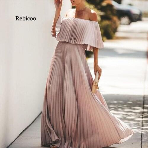 Off Shoulder Chiffon Dress Women Summer Dress Ruffle Pleated Long Dress Casual Solid Elegant Holiday Loose Beach Dress