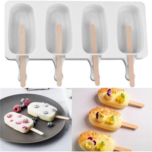 4 Cell Food Safe Silicone Ice Cream Molds Frozen Ice Cube Molds Popsicle Maker DIY Homemade Freezer Ice Lolly Mould Kitchen Tool