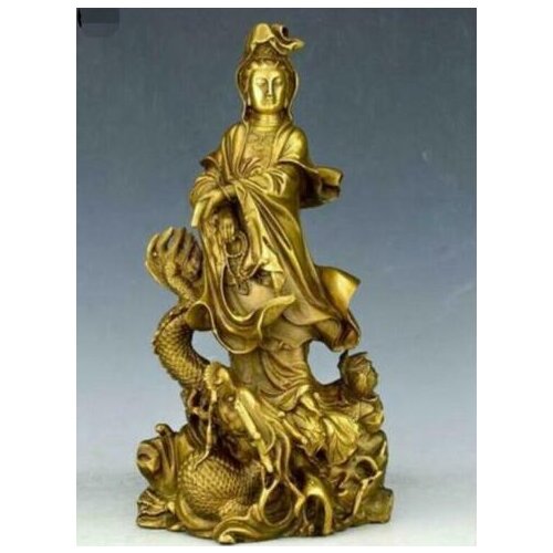 9"China Buddhism temple brass copper Dragon lotus Kwan-Yin GuanYin Buddha statue