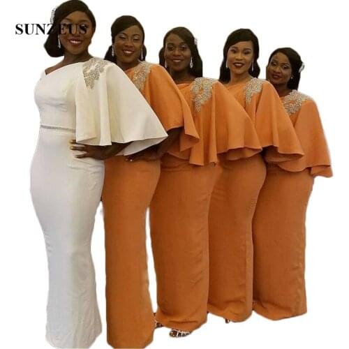 One Shoulder Half Sleeve White Bridesmaid Dresses Sheath Satin African Wedding Party Dresses Beaded Back Slit Prom Dresses