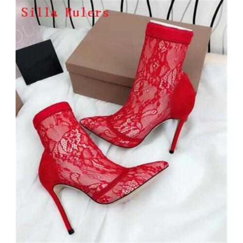 Sexy Pointed Toe Ankle Boots Nude Red Lace High Heels Boots Women Spring Autumn Boots Wedding shoes Woman Botas Mujer