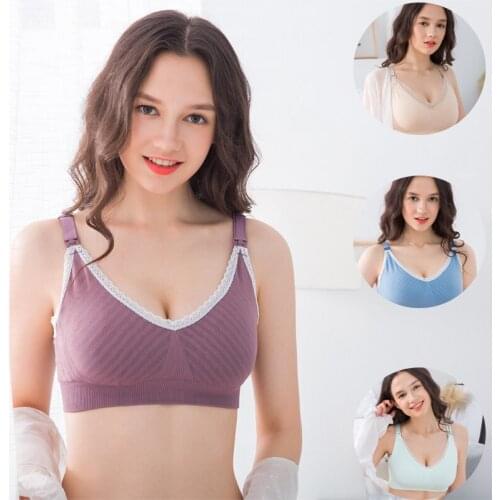 Pure Cotton Breastfeeding Bra Cordless Front and Back Button Lace Edge Nursing Bra Maternity Underwear Womens Bra Circumference
