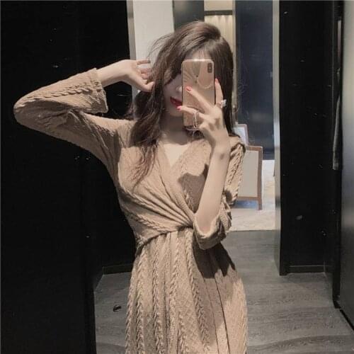 One Piece V-Neck Autumn Dress Women 2020 New Winter Long Sleeve Slim Bodycon Maxi Dress Woman Elegant Knitted Sweater Dresses