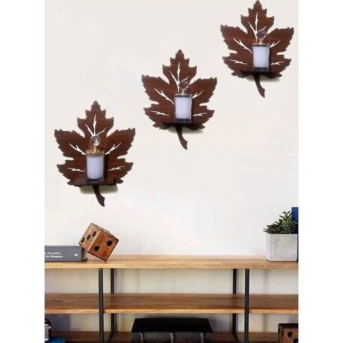 Wooden Wall hanging Rack Leaf Candle Holder Wall Decor 3'lü
