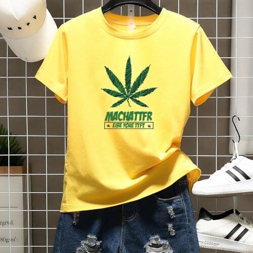 Trend Letter Leaf Print Round Neck T-Shirt Women Short Sleeve Harajuku Tees Popular Summer College Couple Casual Tops