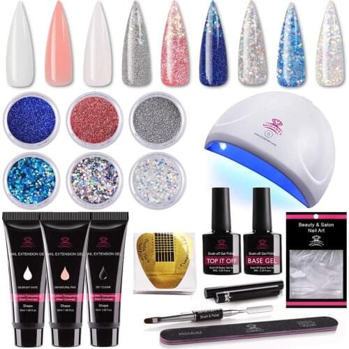 Makartt 16pcs Nail Extension Gel Nail Gel Starter Kit with Beautiful Glitter Powders, Hybrid Builder Gel, Nail Dryer Tool