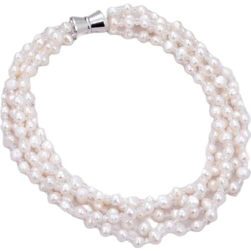 GG Jewelry 5 Strands Natural White Cultured Baroque Pearl Clear Crystal Quartz Necklace For Women Lady Fashion Jewelry Gift