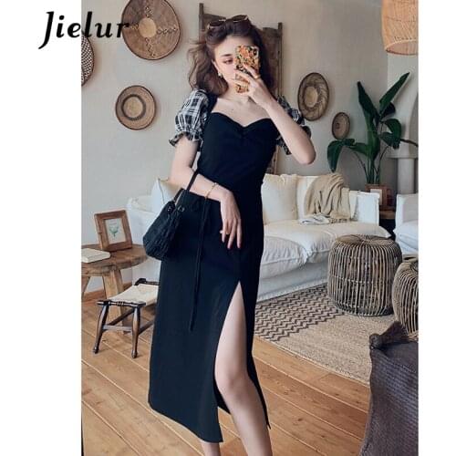 Jielur Vintage Plaid Patchwork Womens Dress Chic Side Spilt Sexy Elegant Dresses Lace-up OL Black Summer Long Dress Party XS-L