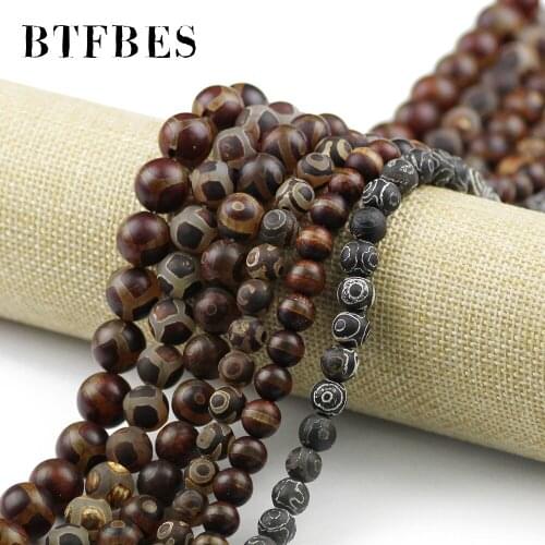 BTFBES China Tibetan Dzi Gray Eyes Natural Stone Buddhism Beads 8 10 12mm Round Stripe Loose Beads Jewelry Making Bracelet DIY