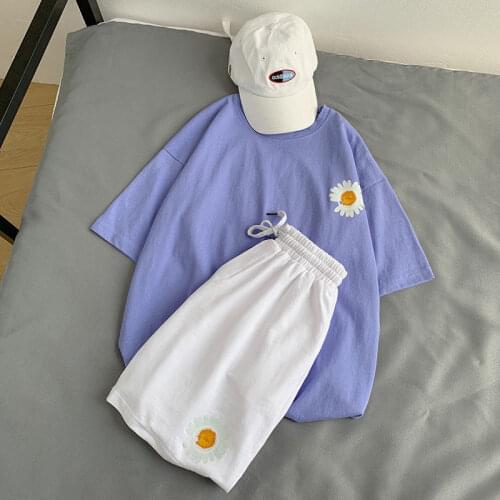 Two piece set summer short sleeve 100% cotton casual sportswear womens two-piece loose daisy short sleeve shorts