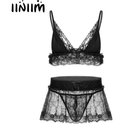 Mens Erotic Lace Sissy Lingerie Set Spaghetti Straps Bra Top with Mini Skirt and G-string Briefs for Gay Male Weeding Nightwear