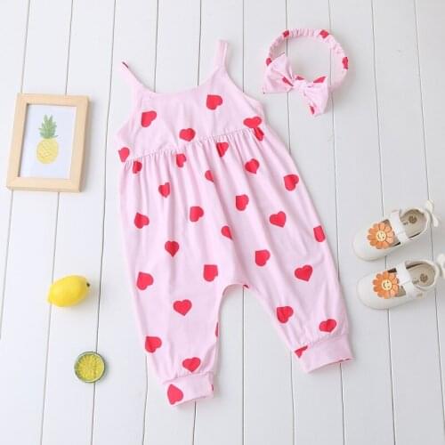 2 PCS Summer Sweet Baby Girl Romper Cotton Love Print Strap Baby Girl Jumpsuit+bow Headband Comfortable Baby Girl Clothes 0-18M