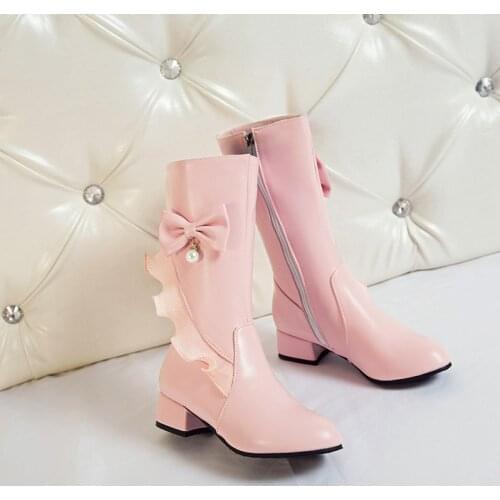 YQBTDL Winter 2020 Lovely Princess Chunky Heels Pink White Lolita Shoes Ruffles Bowtie Sweet Female Mid Long Riding Boots Party