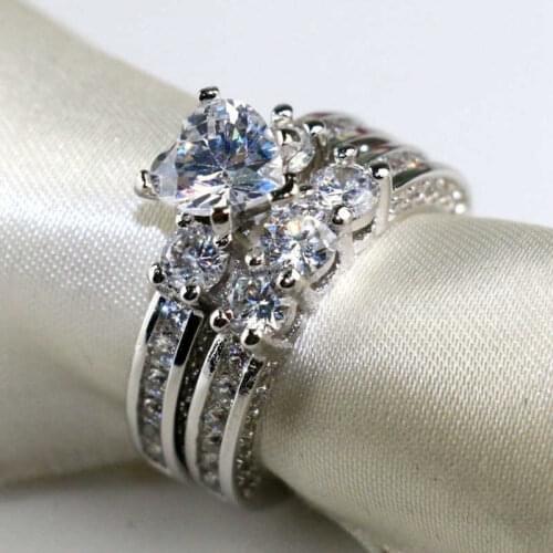 Fashion hot selling zircon inlaid couple ring silver color his and her white couple wedding ring