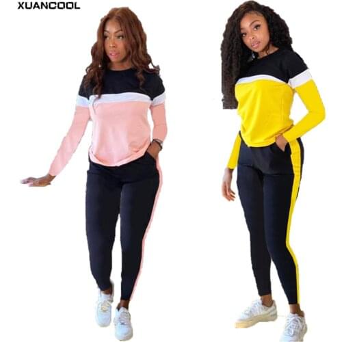 2021 Fashion Womens Tracksuit Jogging Suit Soft Jogging Sportswear Patchwork Long Sleeve Tops with Pants Clothing Two Piece Set