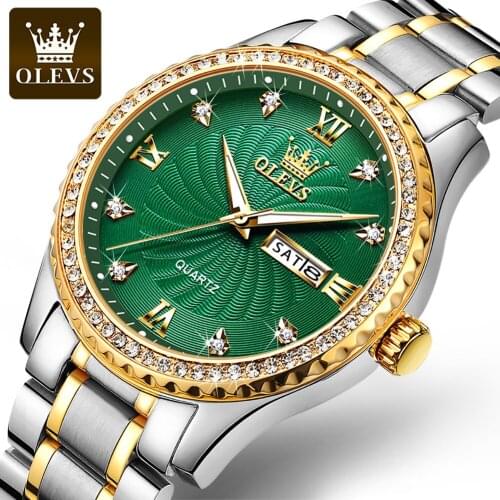 OLEVS Mens Watch Green Dial Stainless Steel Band Date Mens Business Male Watches Waterproof Luxuries Men Wrist Watches for Men