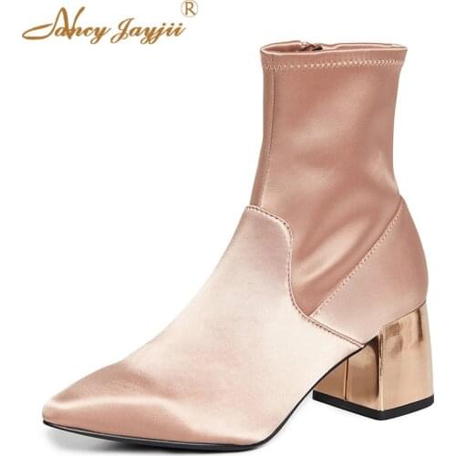Skyler Golden Woman Ankle Booties Ladies Shoes Silk 2021 Autumn Block Chunky Heels Fashion Dress Party Side Zip Plus Size 45 42