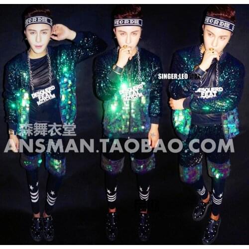 New Men costume suit nightclub Bar male singer DJ Super Flash Green Scales sequin hip hop baseball uniform Fashion jacket