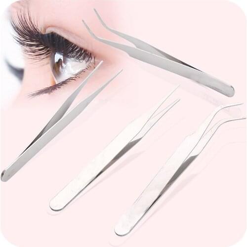 2pcs Eyelash Extension Tweezers Stainless Steel Straight Curved Head for False Eyelashes Fake Nails High Precision Makeup Tools