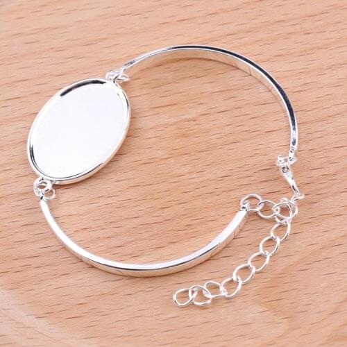 Reidgaller 10pcs silver plated 18x25mm dia oval cabochon bracelet settings diy blank bangle base for jewelry making