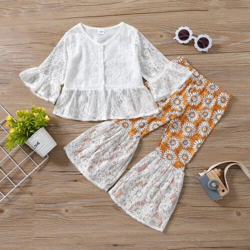 2-6Years Girls Casual Two-piece Clothes Set, Long Sleeve Lace Hem Tops and Floral Printed Pattern Flared Pants