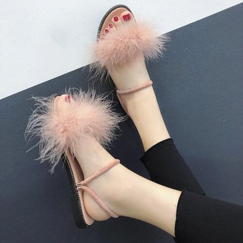 Open toe Beige flat fur sandals women 2019 summer shoes women Fashion Wild Students Riband Slip-On ladies shoes female
