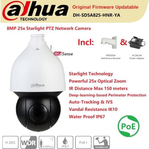 Dahua PTZ Camera 8MP SD5A825-HNR-YA 25x Zoom Starlight IR150m WizSense Network PoE+ SMD Protection IP67/IK10 Auto-tracking & IVS