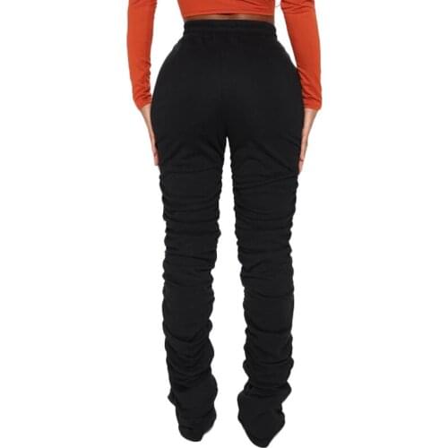 Black Gray Color Pleated Stacked Sweatpants for Women Elastic Thick Stacked Leggings Pants High Waist Trousers Bell Bottom Pants