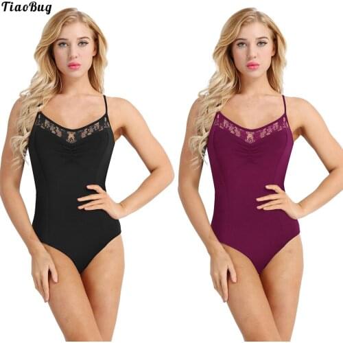 TiaoBug Women Adult Spaghetti Straps Lace Floral Criss Cross Built In Shelf Bra Leotard Gymnastics Bodysuit Ballet Dancewear