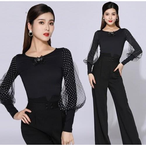 Modern Dance Top WomenS V-Neck Black Long-Sleeved Exercise Clothes National Standard Clothes Latin Ballroom Dance Wear DQS7899