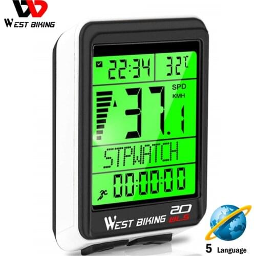 WEST BIKING LED Waterproof Bicycle Computer Wireless 5 Language Cycling Bike Odometer Stopwatch Speedometer 2.1in Bike Computer