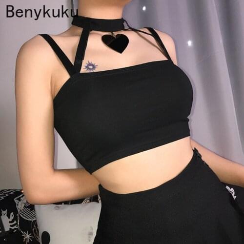 Choker Tank Tops Dark Black Gothic Punk Heart Pendant Halter Tanks Tops for Womens Crop Halter Sexy Slim Camis Top 2020 Summer