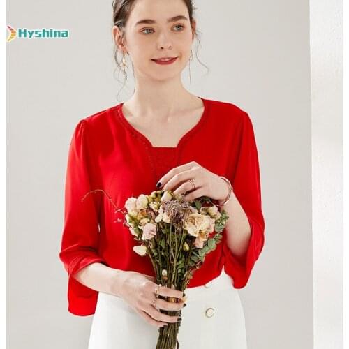 Womens Red Chiffon Shirt Korean Lace Round Neck Temperament Top Womens Seven Point Sleeve