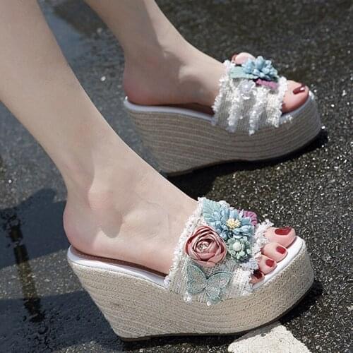 Hemp Wedges slingback flower butterfly women sandals muffin shoes women slipper netcelebrity pearl slip on platform sandales2020