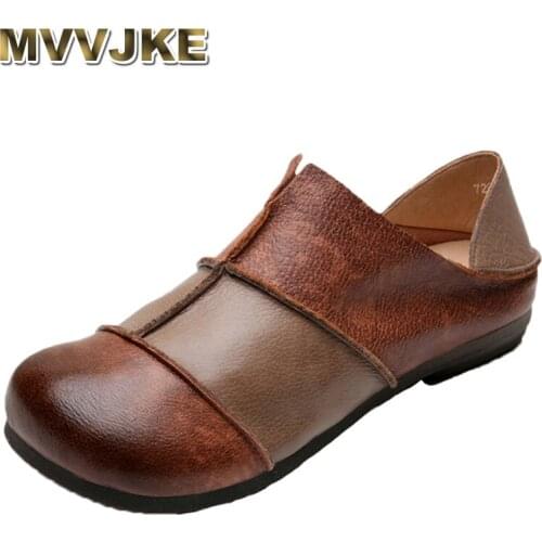 MVVJKE New Fashion Women Flats Retro Mixed Colors Flat Genuine Leather Soft Loafers Handmade Leather shoes