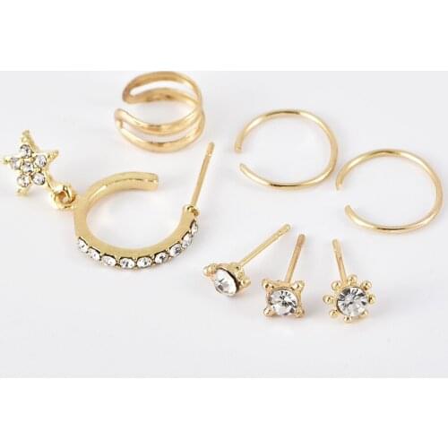 7 PCS Vintage Bohemian Mix Design Gold Color Star Crystal Earrings for Women Trendy Piercing Ear Studs Cuff Circle Earring Set