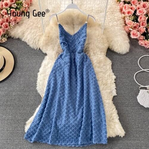 Young Gee Women Spaghetti Strap Party Dress Sexy Slim Lady Fashion Summer Lattice Lace Vintage Wear Elegant V-neck Midi Dresses