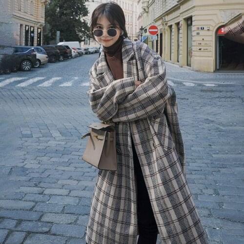 Thicked Stitching Retro Plaid Woolen Coat Womens Plaid Woolen Coat Long 2021 Winter New Korean Version of Loose Long-Sleeved