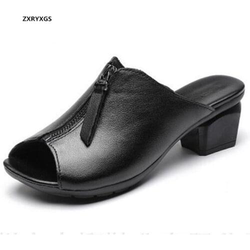 ZXRYXGS 2021 New High Quality Cowhide Summer Leather Slippers Fish Mouth Women Sandal Shoes High Heel Elegance Fashion Sandals