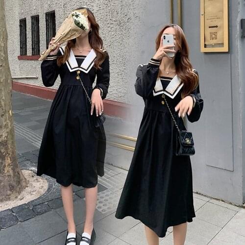 108# 2021 Spring Korean Fashion Maternity Long Dress Elegant A Line Slim Loose Clothes for Pregnant Women Long Sleeve Pregnancy