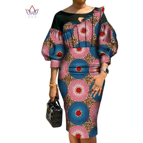 2020 African Print Dress Outfit For Women Dashiki Lantern Sleeve Woman Dress Elegant Traditional Party Dress Plus Size WY8397