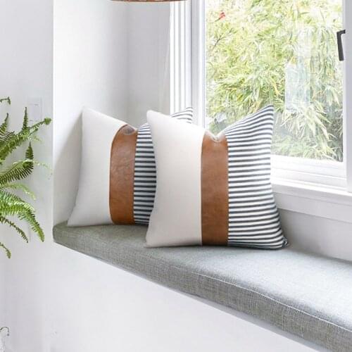 45*45 PU Leather Patchwork Throw Pillow Linen Cotton Bedroom Office Sofa Chair Decorative Cushion Cover Home Decor Pillowcase