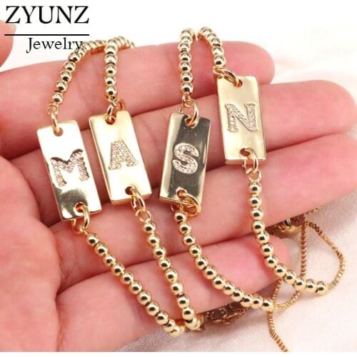 5PCS, New Design Micro Pave CZ Gold Color Letter Bracelet Beaded Chain Rectangle Bar Bracelet For Women Femme Fashion Jewelry
