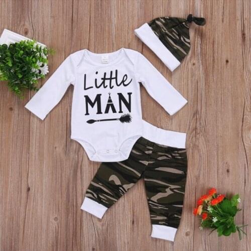 Free shipping 3Pcs Newborn Baby Boy Camo Tops Romper Pants Hat Outfits Set Clothes