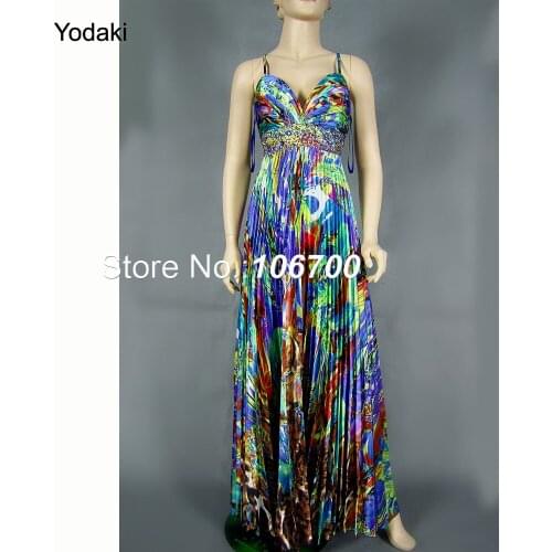 Free Shipping Sweetheart Neckline Handmade Crystal Beaded Sequins Bridesmaid Print Pleated Charmeuse Long Prom Dress JA120411