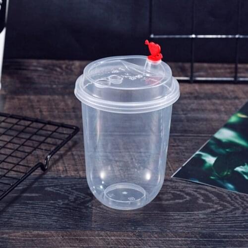 50pcs 93 caliber transparent disposable thick plastic cup creative U shape cute 500ml cold drink juice coffee tea cups with lid
