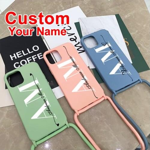 Custom Your name Phone Case For iPhone 11 12 Pro 7 8 Plus X XR XS Max With Rope Soft Portable Liquid Silicone Case Gift Boy girl