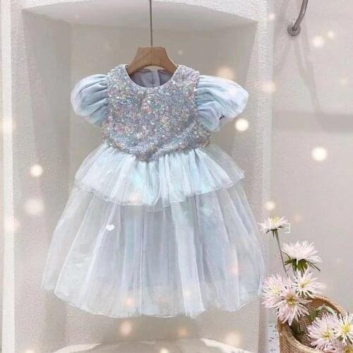 Girls Party Fairy Princess Dress Kids Children Sequined Mesh Cake Ball Gown Birthday Tutu Dresses Performance Vestidos S12438