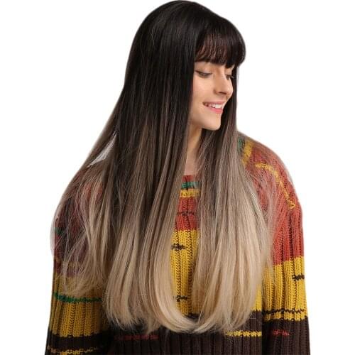 Graceful Women 24" Synthetic Full Hair Natural Straight Long Wigs Neat Bang