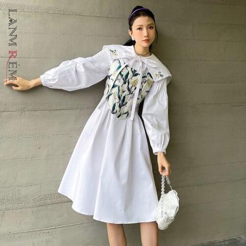 LANMREM 2021 Spring And Autumn New Sailor Collar Dress Women Long Puff Sleeves White Color Fashion Tide Dresses Female 2W288